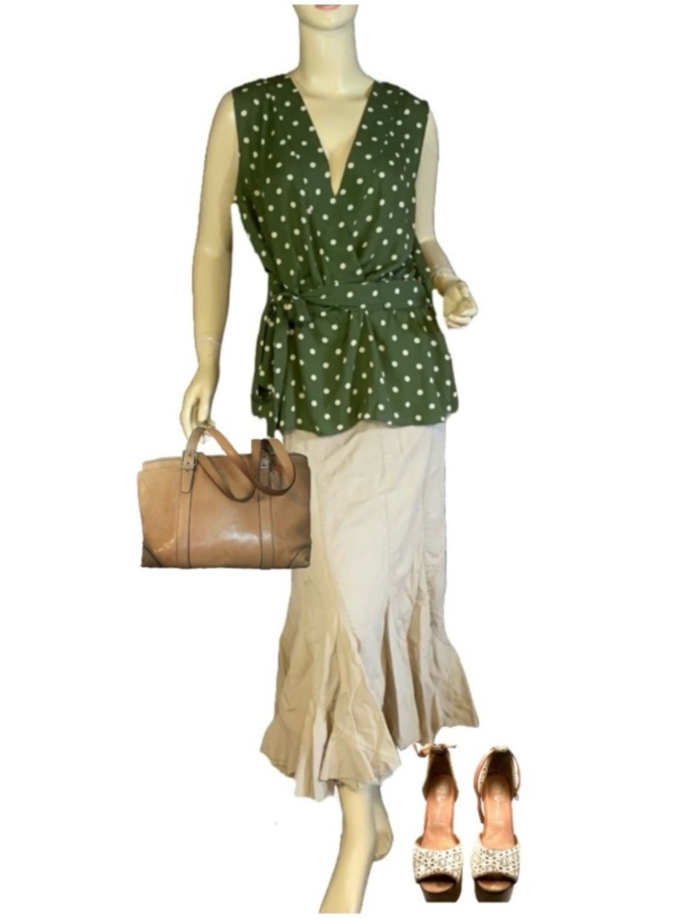 TOMMY HILFIGER GREEN & CREAM POLKA-DOT SELF TYING BLOUSE NWT (XL)